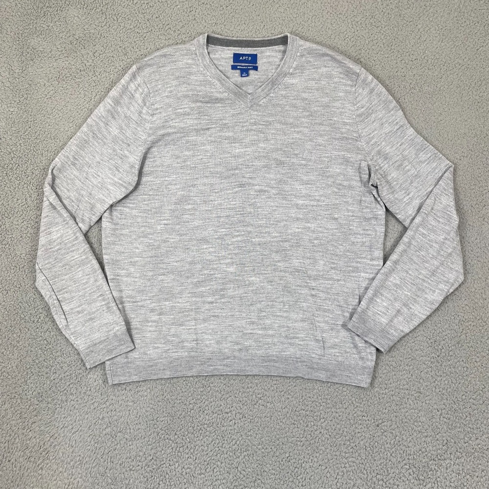 Apt 9 Seriously Soft Sweater Men XL Gray Merino Wool Blend Preppy V-Neck